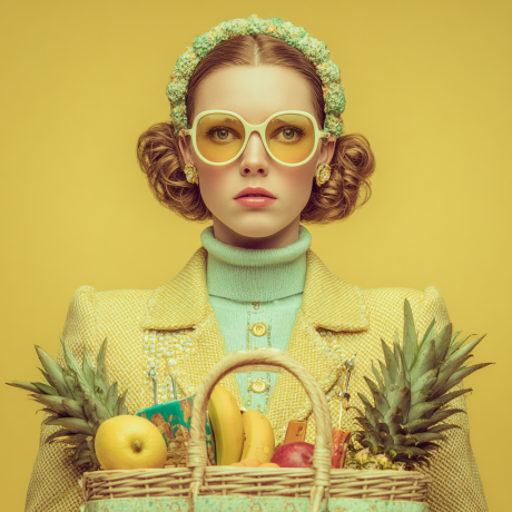 Sommer Krimi - Frau im Retrostyle mit Früchtekorb 